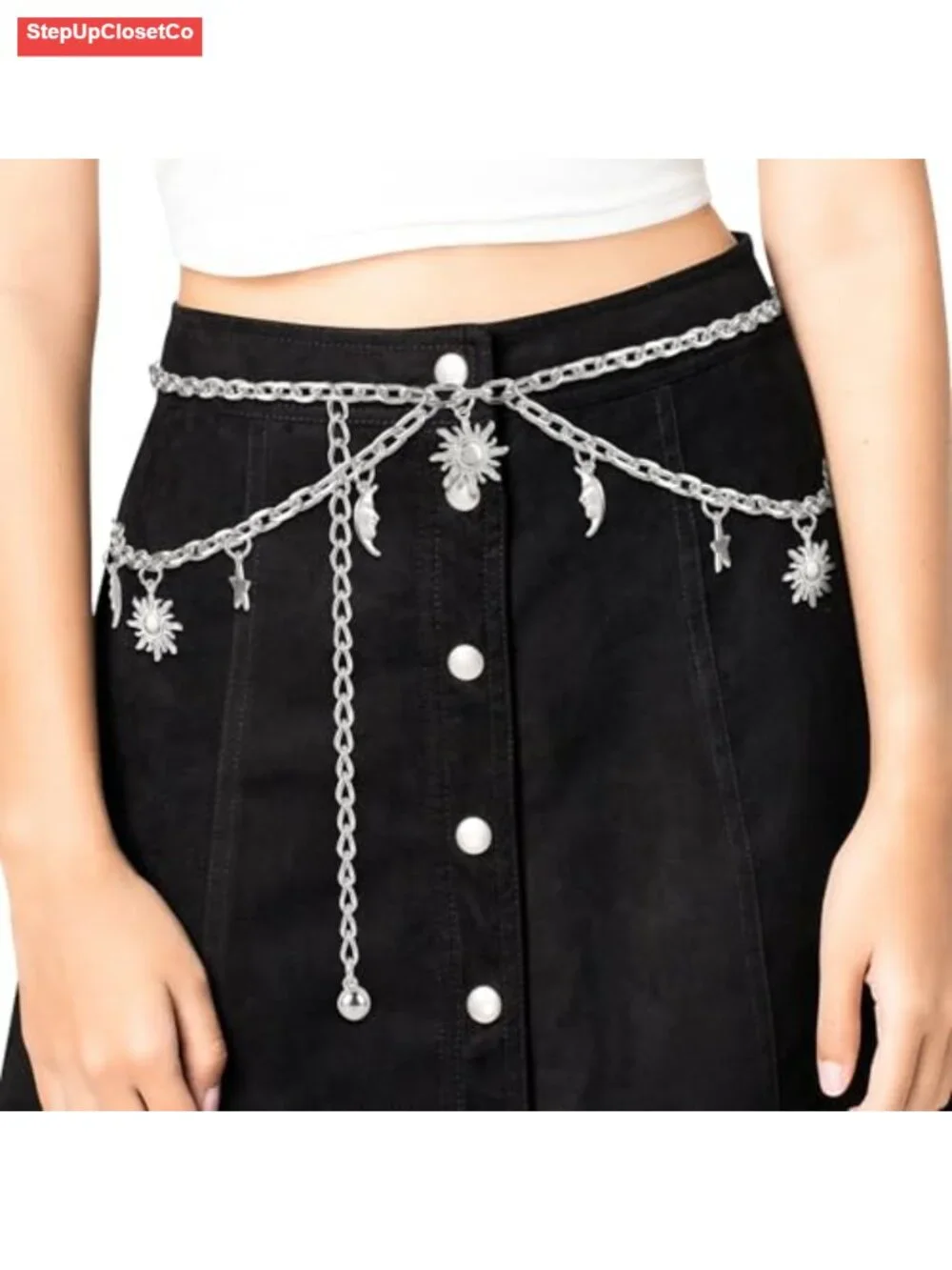 Double Layer Metal Chain Belt with Moon Star Pendant Waist Chain for Women